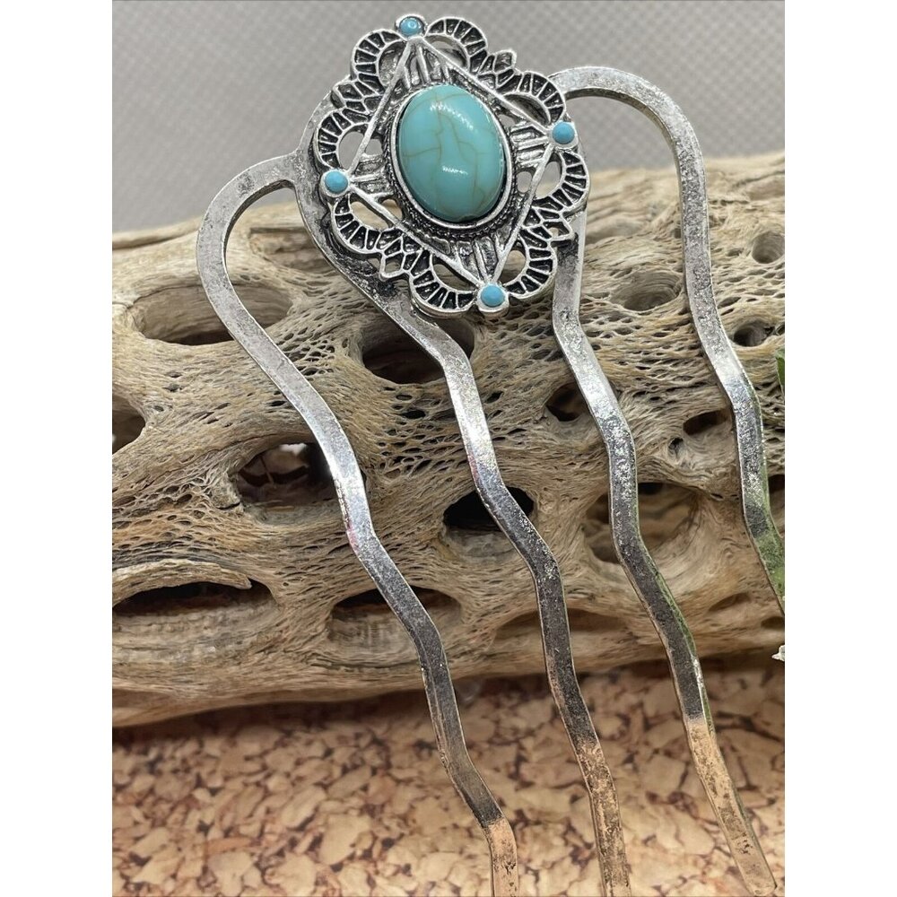 WESTERN Blue TURQUOISE HAIR PIN Clip Silver Southwest Comb Barrette Stone LARGE